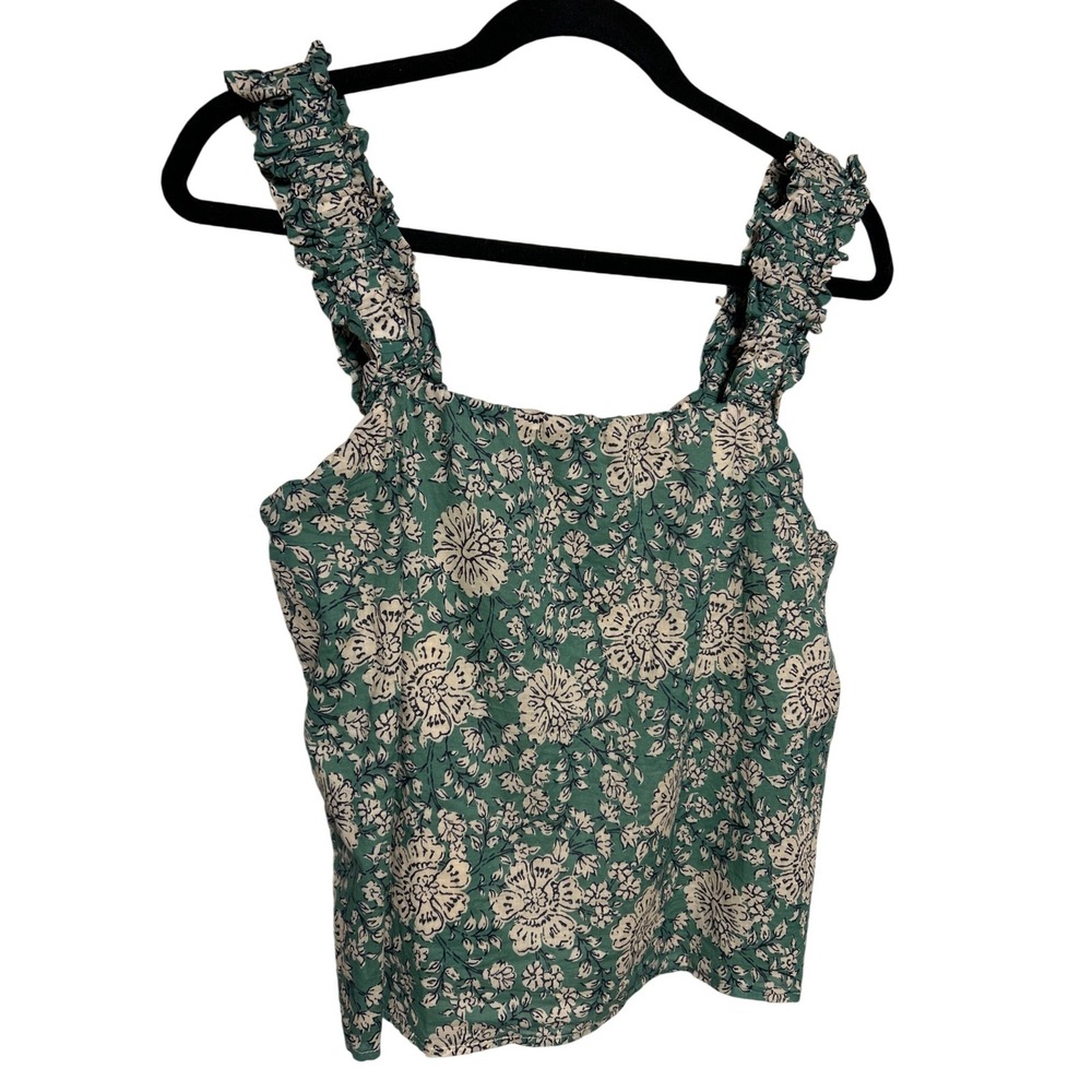 Evereve Green Floral Ruffle Strap Square Neck Button Back Top Women's Medium
